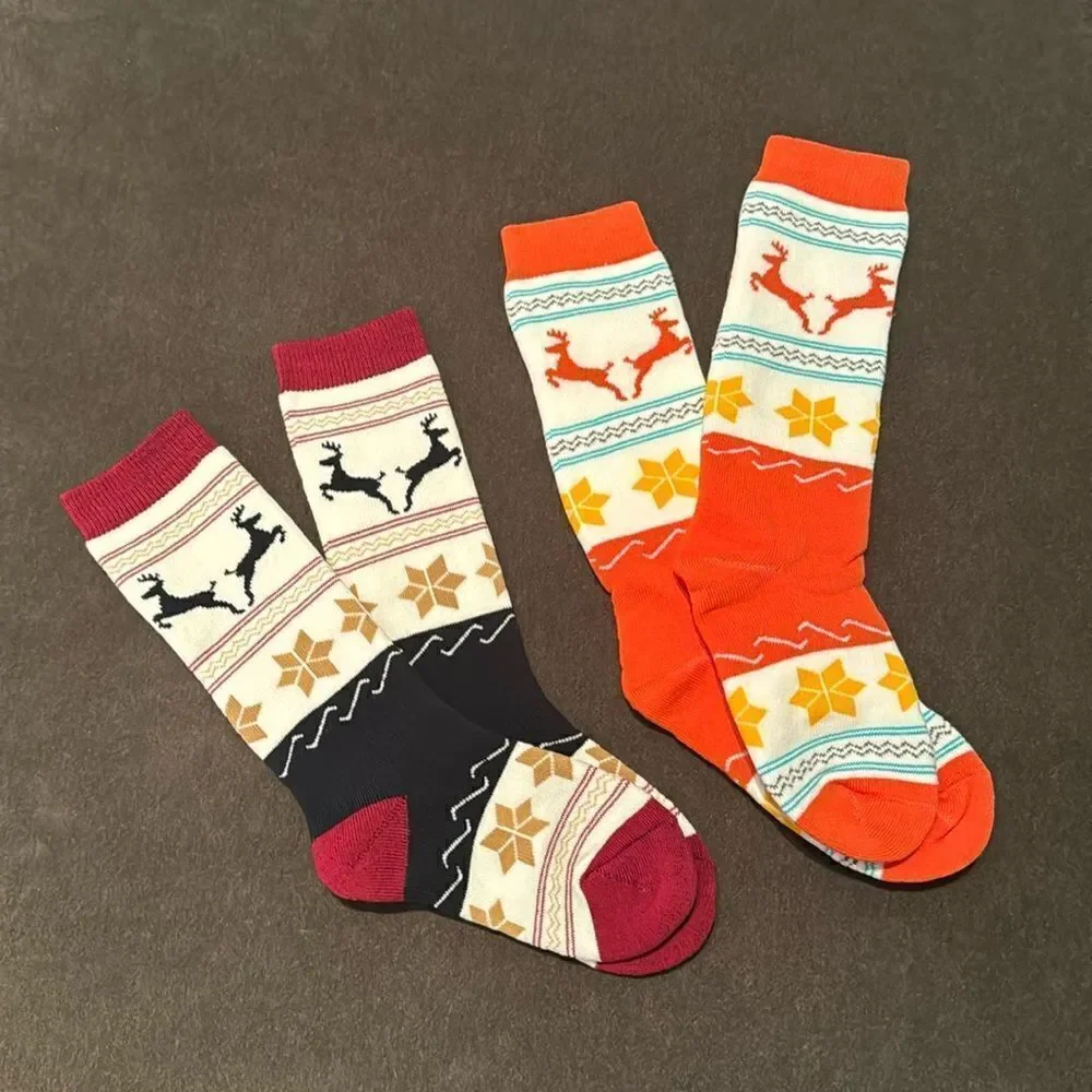 Kids Unisex Winter Snow Ski Socks 2 Pairs Cute Reindeer Design Size Small NEW
